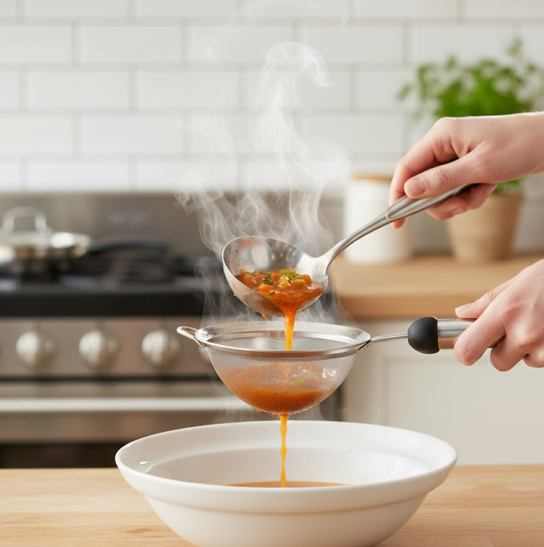 Infographic highlighting the features and 22 cm length of the stainless steel strainer.