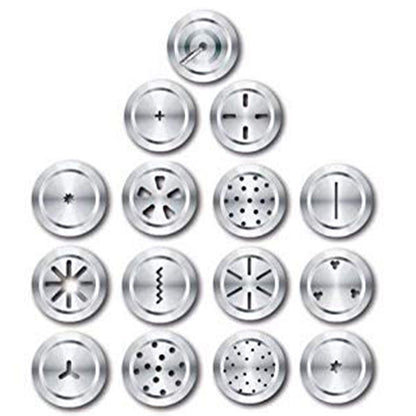 Close-up of the durable stainless steel kitchen press with various traditional snack jalis.