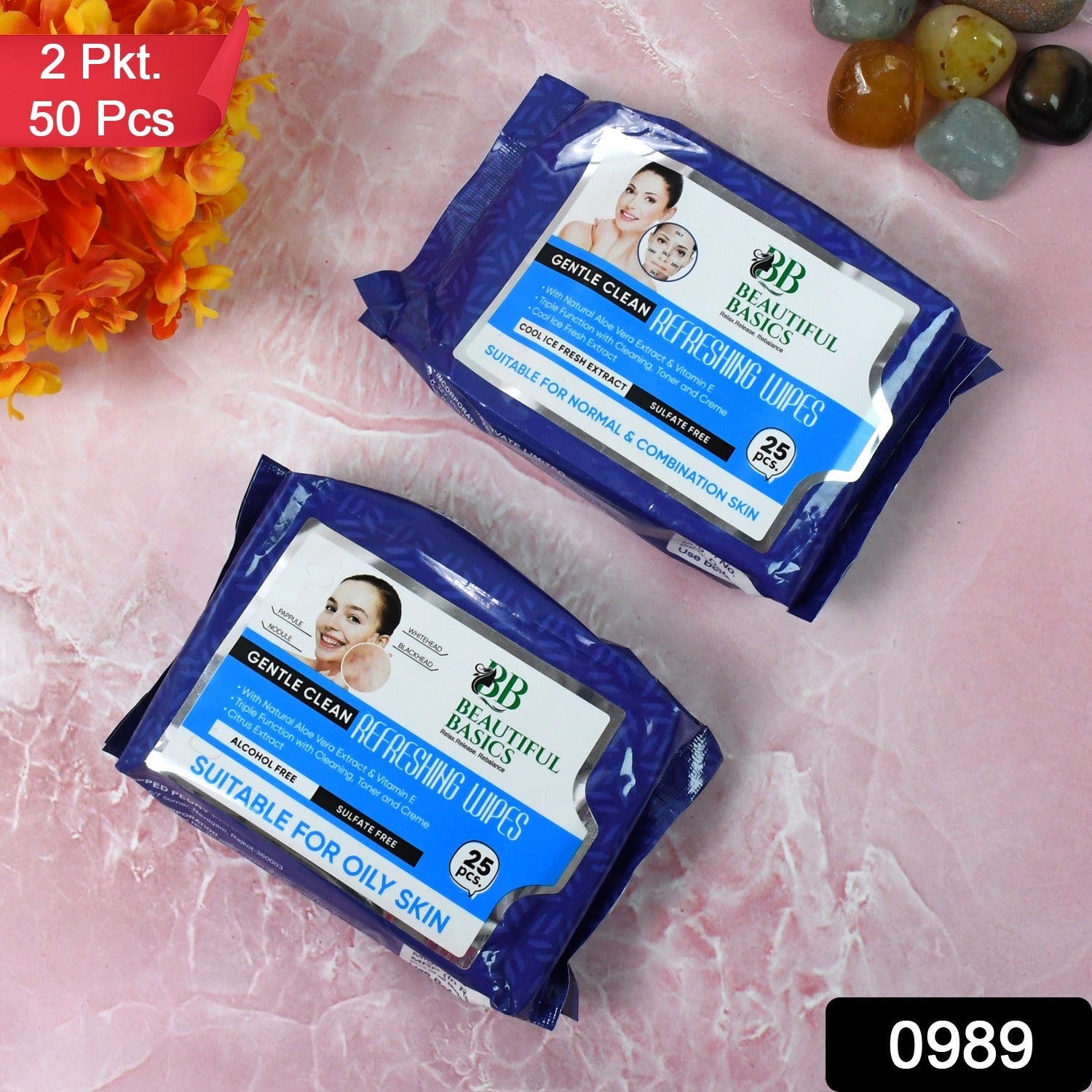 Two packs of Beautiful Basics face cleansing wipes for normal and oily skin.