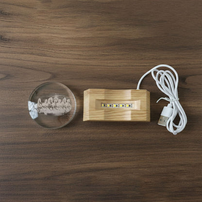 3D crystal LED lamp displayed showing wooden base and horse engraving details