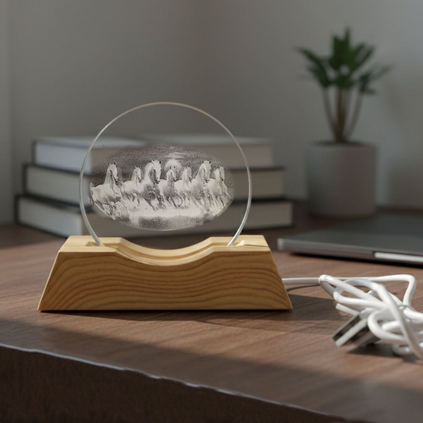 Decorative 3D crystal LED lamp with artistic running horses design