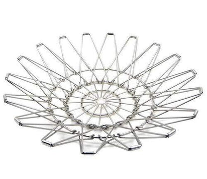 Durable stainless steel wire bowl in a unique shape, suitable for kitchen and dining use.