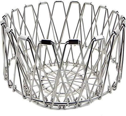 Multipurpose stainless steel wire basket transformed into a stylish fruit bowl for dining.