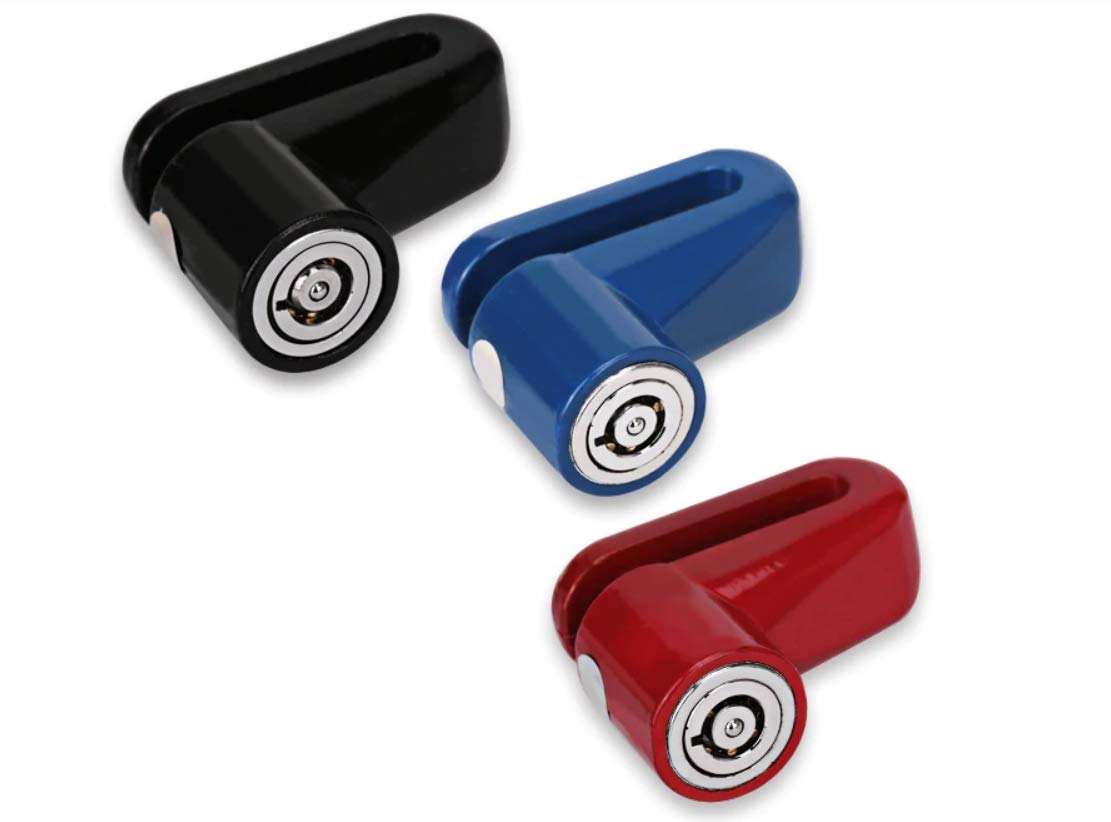 Three motorcycle wheel security devices in black, blue, and red are arranged on a white background, each with a silver lock