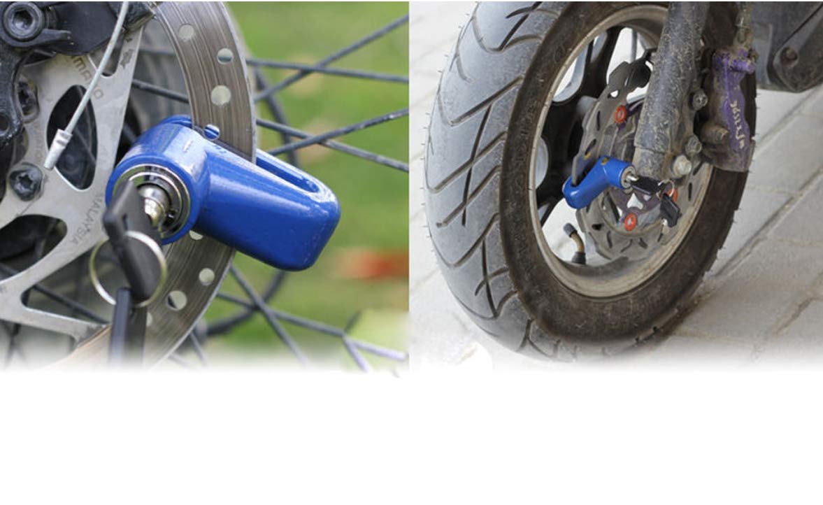 A split image shows a blue wheel security device on a bicycle disc brake on the left and on a scooter wheel on the right.