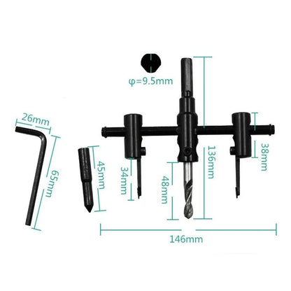 All components of the adjustable circle hole saw kit laid out.