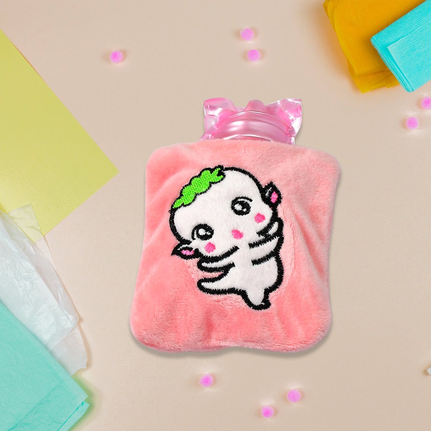 Pink Hot Water Bag with a soft cartoon cover, front view.