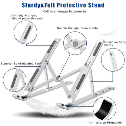 Side view of the adjustable laptop stand holding a notebook, demonstrating elevated screen height.