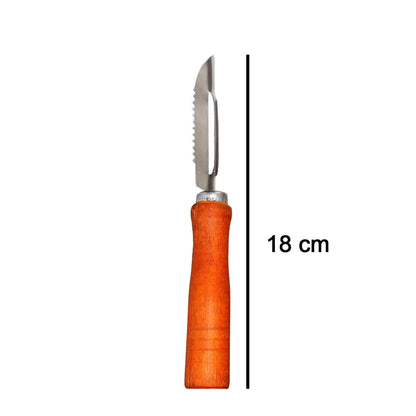 Efficient wooden handle peeler for quick and easy peeling of various vegetables.