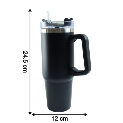 Size comparison image of large travel mug with 890 ML capacity
