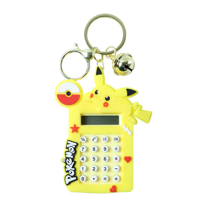 Metal key ring attached to calculator keychain with cute cartoon design and bell charm