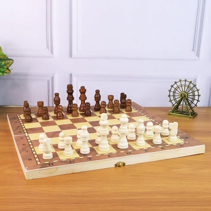 Side view of the open Folding Wooden Chess Board, emphasizing its sturdy wooden construction.