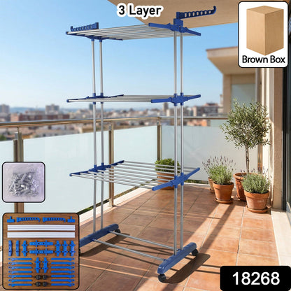 Multi-tier foldable clothes drying rack on wheels for indoor or outdoor use