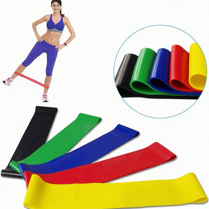 Set of elastic resistance exercise bands in various resistance levels for full body workouts