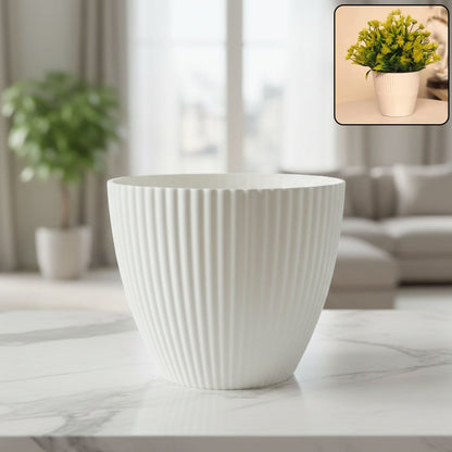 White ribbed flower pot with wide mouth indoor planter