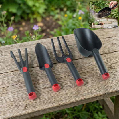 Complete garden hand tool set with soil scoop, trowel, and rake