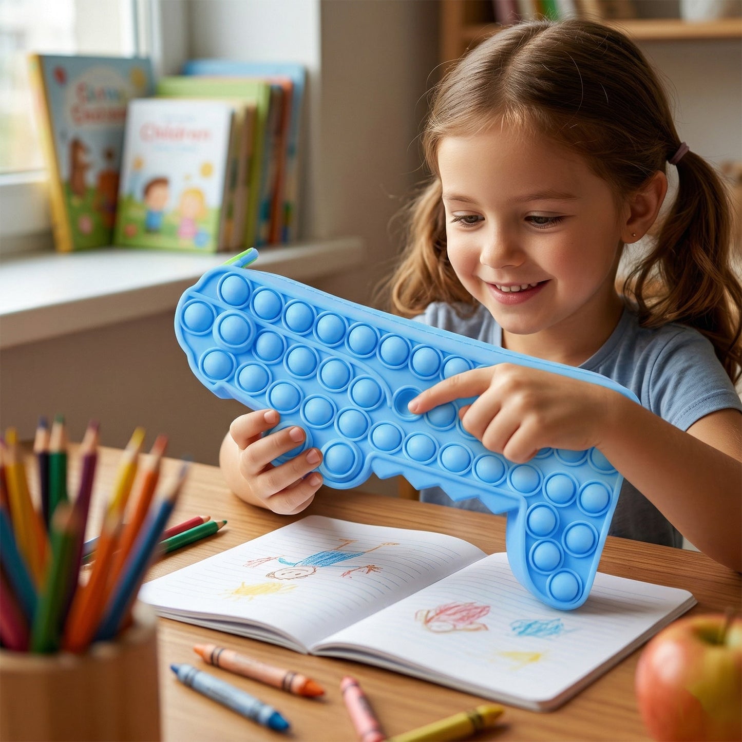 Multiple angles of crocodile Pop It pencil case for kids