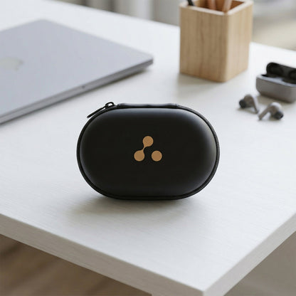 Front view of the compact portable case for wireless earbuds.