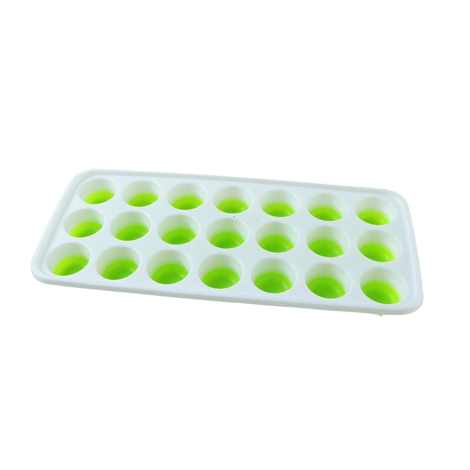 Ice cube tray with lid displaying freshly frozen round ice cubes, suitable for drinks.