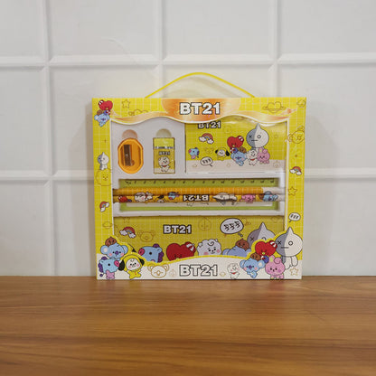 Kids using cartoon pencil box set with pencils, ruler and eraser during study