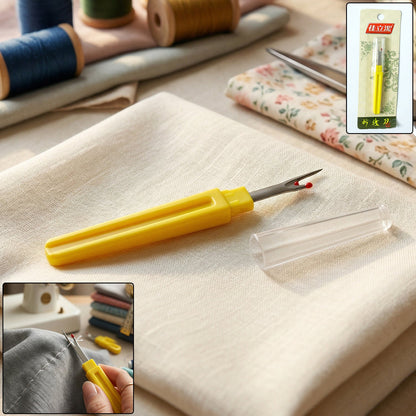Close up of a seam ripper tool with a sharp tip for accurate stitch removal.
