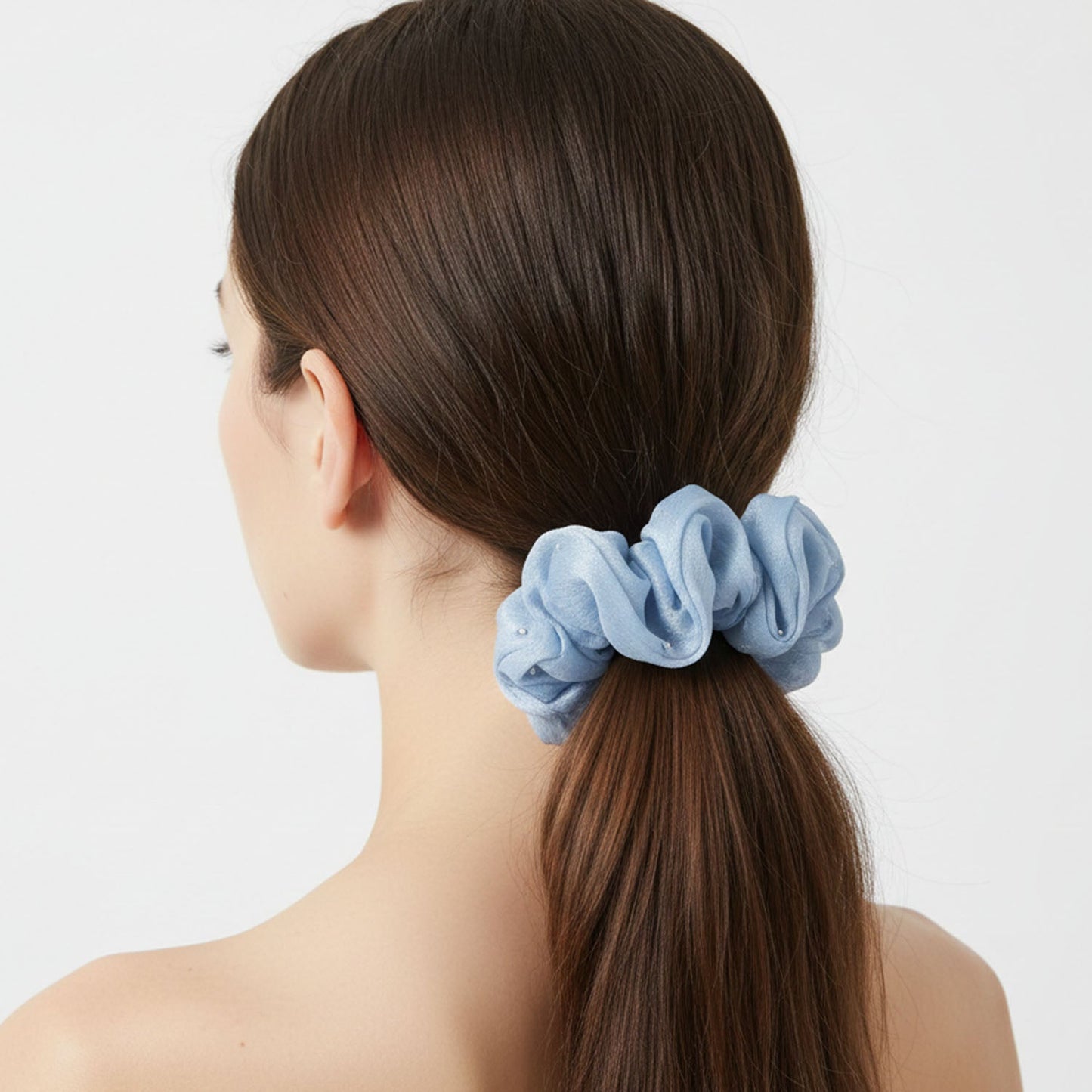 Lightweight soft fabric hair scrunchie styled on ponytail