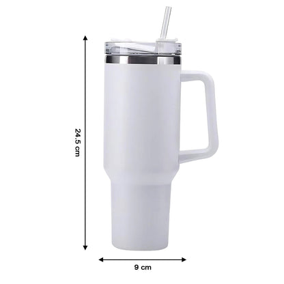 Modern white insulated travel tumbler with handle and straw lid