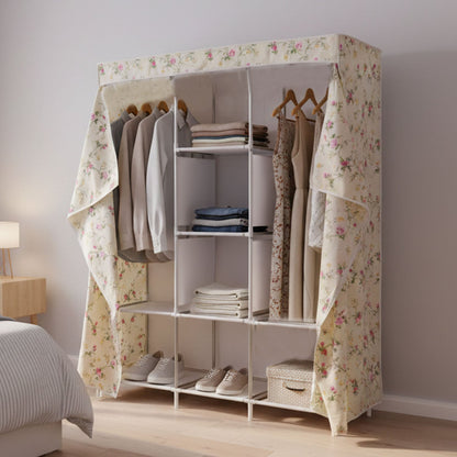 Space-saving wardrobe organizer with hanging rods and fabric cover