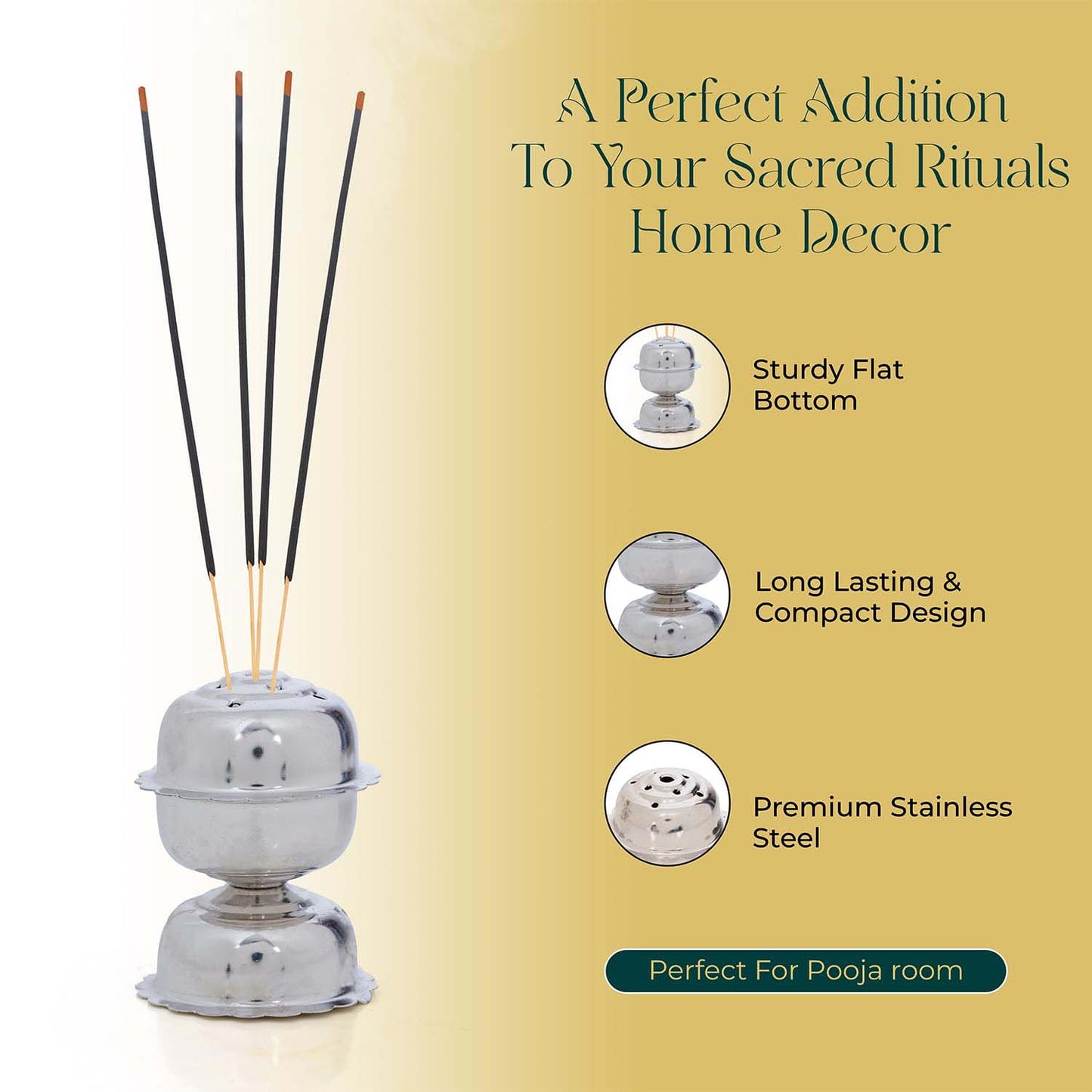 Side view of the shiny stainless steel Lotus Agarbatti Stand.