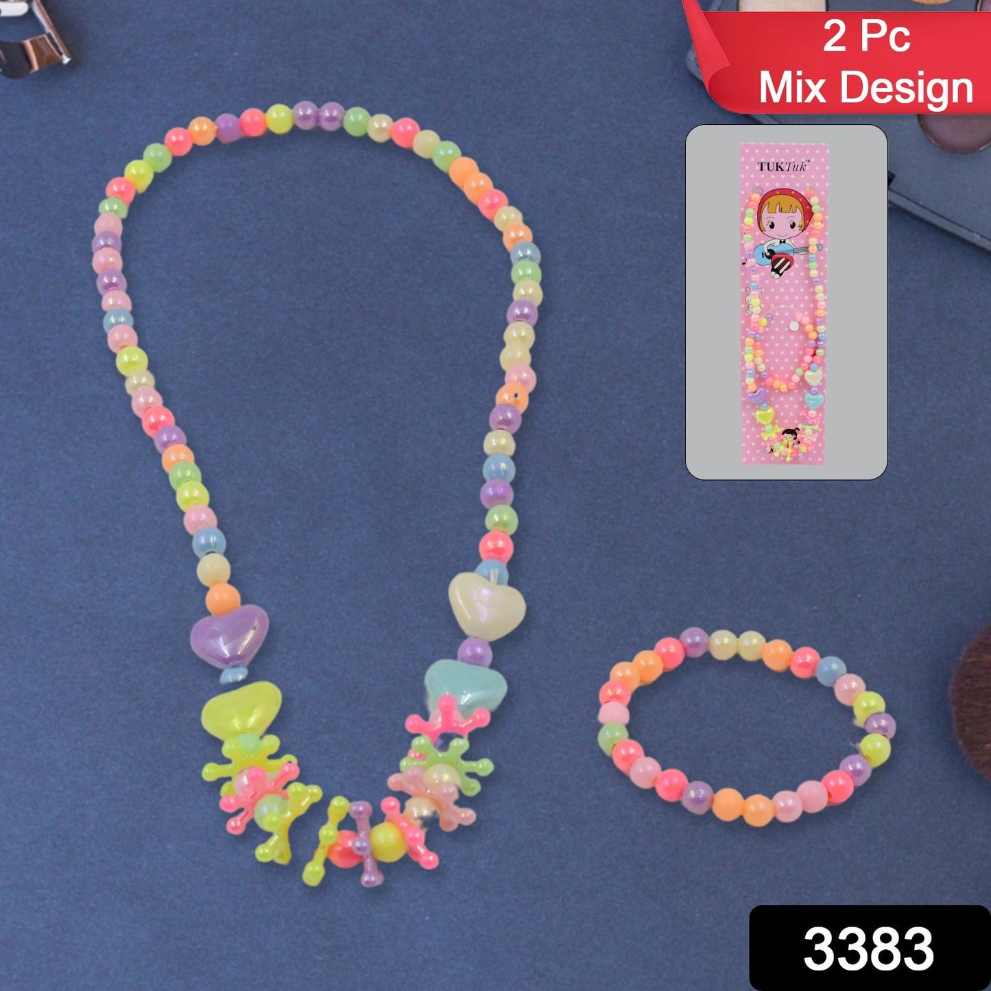 Close-up of the colorful beaded necklace from the kids' jewelry combo set.
