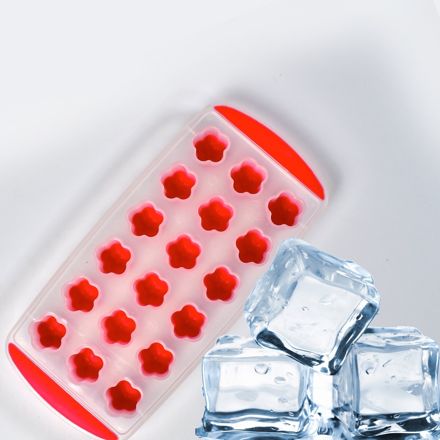 Easy release flower-shaped ice cubes elegantly removed from the silicone tray.