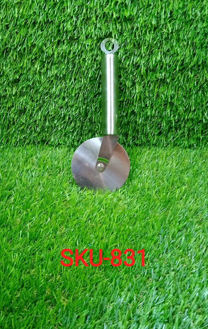 Multi-purpose stainless steel cutter for various kitchen tasks.