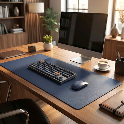 Large leather desk mat protecting workspace from scratches and spills