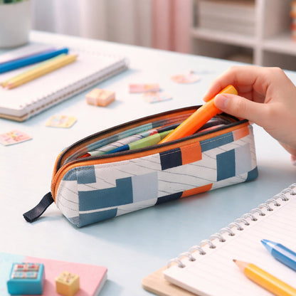 Side angle of fabric pencil pouch showing compact design