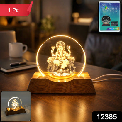 Close-up of Lord Ganesha engraving on acrylic plate of LED lamp